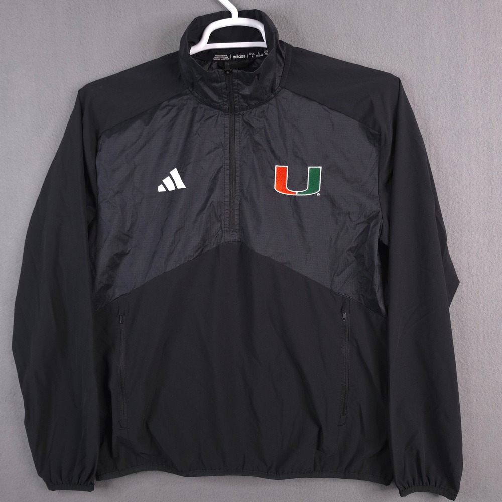 Adidas Miami Hurricanes NCAA Mens Medium Quarter Zip Windbreaker Jacket Black